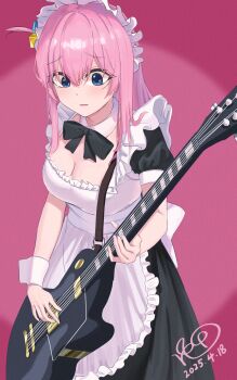 1girl absurdres apron black_bow black_bowtie black_dress blue_eyes bocchi_the_rock! bow bowtie breasts cleavage cowboy_shot cube_hair_ornament dated dress electric_guitar frills gotoh_hitori guitar guitar_strap hair_between_eyes hair_ornament highres holding holding_guitar holding_instrument ikedahanaga instrument long_hair long_skirt looking_at_object maid maid_apron maid_headdress one_side_up open_mouth pink_background pink_hair playing_guitar playing_instrument puffy_short_sleeves puffy_sleeves short_sleeves signature skirt solo standing thick_eyelashes