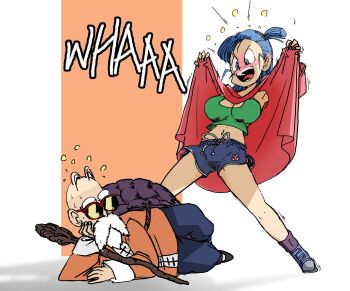 Rule 34 | 1boy, 1girl, age difference, bulma, dragon ball, female pervert, highres, muten roushi, pasaway komiks, pervert, shorts