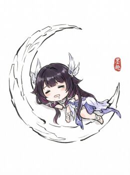 1girl =_= absurdres chinese_commentary closed_eyes columbina_(genshin_impact) commentary_request dress genshin_impact hair_ornament head_wings highres ink_fun invisible_shoes moon multicolored_hair ribbon sleeping white_dress white_ribbon wing_hair_ornament wings wrist_bow