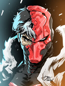 1boy bat_signal batman_(series) batman_symbol black_bodysuit black_hair bodysuit dc_comics dexter_soy helmet highres hood jason_todd male_focus mask muscular red_hood_(dc) red_hood_and_the_outlaws red_mask red_ronin_(dc) short_hair simple_background solo standing superhero_costume upper_body white_eyes white_hair white_hood