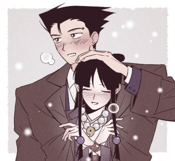 1boy 1girl ace_attorney bead_necklace beads black_hair blue_jacket blush border bracelet brown_jacket closed_eyes commentary_request hair_ornament hand_on_another's_head hetero jacket japanese_clothes jewelry kimono korean_commentary long_hair long_sidelocks looking_to_the_side low-tied_sidelocks magatama magatama_necklace maya_fey mmachoii necklace phoenix_wright shared_clothes shared_jacket shirt sidelocks smile sphere_hair_ornament spiked_hair topknot white_border white_kimono white_shirt wide_sleeves