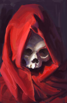 bone highres hood hood_up hooded_robe no_humans original purple_background red_robe robe skull vorueg