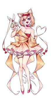 1girl animal_ears black_survival blonde_hair bow breasts cat_ears cleavage collarbone dress eternal_return:_black_survival full_body hair_bow high_heels highres holding holding_scissors irem_(black_survival) red_bow red_shoes scissors shoes short_hair simple_background solo strapless strapless_dress suillus white_background yellow_dress