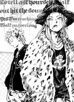 Rule 34 | 2boys, animal print, belt, blackletter, chain-link fence, cigarette, closed eyes, closed mouth, coat, collared coat, english text, eyebrow piercing, face piercing, fence, fur coat, greyscale, hands in pockets, highres, jacket, jewelry, leopard print, lip piercing, long hair, looking to the side, male focus, monochrome, multiple boys, necklace, nu punxxxz, open clothes, open coat, open jacket, original, piercing, skull and crossbones, skull print, smoking