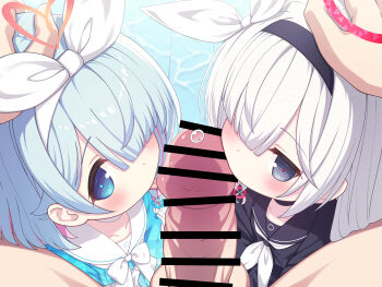 1boy 2girls absurdres arona_(blue_archive) bar_censor black_hairband blue_archive blue_eyes blue_hair censored choker colored_inner_hair commentary cooperative_fellatio fellatio ffm_threesome group_sex hair_over_one_eye hairband halo hetero highres licking licking_penis loli multicolored_hair multiple_girls oral penis plana_(blue_archive) ribbon sailor_collar sasakura_momiji school_uniform serafuku symbol-only_commentary teamwork_(sexual) threesome white_hair white_ribbon