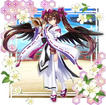 1girl bird_wings black_wings brown_eyes brown_hair closed_mouth commentary conch flower full_body game_cg geta hat highres himekaidou_hatate himekaidou_hatate_(white_crow_of_commemorative_photos) honeycomb_(pattern) japanese_clothes kikkoumon kimono kourindou_tengu_costume long_hair looking_at_viewer official_alternate_costume official_art outdoors purple_hat ribbon-trimmed_sleeves ribbon_trim rotte_(1109) sash shell smile solo tengu-geta thighhighs third-party_source tokin_hat touhou touhou_lostword twintails white_flower white_kimono white_thighhighs wide_sleeves wings