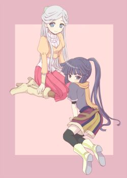 Rule 34 | 10s, 2girls, akatsuki (log horizon), blouse, blue eyes, blue hair, boots, high heels, log horizon, long hair, long sleeves, lying, multiple girls, nitsu makura, ponytail, reinesia el arte cowen, shirt, short sleeves, shorts, sitting, skirt, t-shirt, white hair