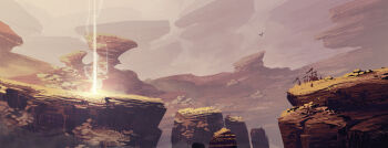 absurdres bird boulder cliff commentary crowd english_commentary highres light_rays lorenzo_lanfranconi mountainous_horizon original painterly rock scenery