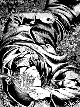 1boy capelet closed_eyes commentary_request dappled_sunlight grass heinz_(octopath_traveler) long_sleeves low_ponytail lying male_focus monochrome octopath_traveler octopath_traveler:_champions_of_the_continent on_back on_grass outdoors parted_bangs parted_lips ponytail shikimiorange solo sunlight