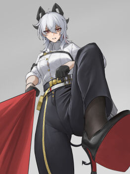 1girl absurdres arm_pouch black_choker black_gloves black_horns black_pants black_pantyhose black_tail breasts button_gap chest_harness chinese_commentary choker clenched_teeth collared_shirt commentary_request curled_horns demon_tail gloves grey_background hair_between_eyes harness high_heels highres horns leash looking_at_viewer medium_breasts multicolored_hair pants pantyhose partially_shaded_face pouch pov red_eyes sa-baaa shirt shoe_soles simple_background solo stepped_on streaked_hair tail teeth tight_clothes tight_pants viewer_on_leash white_hair white_shirt wuthering_waves zani_(wuthering_waves)