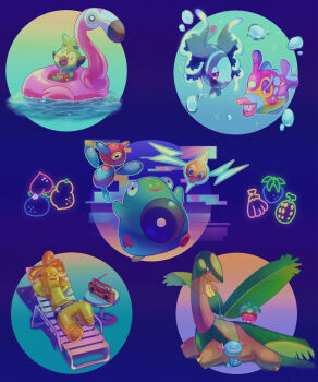 air_bubble aqua_pupils arms_behind_head beach_chair bellibolt berry_(pokemon) blue_eyes bounsweet bruxish bubble closed_eyes closed_mouth commentary_request drink drinking_straw fangs flamigo gen_2_pokemon gen_3_pokemon gen_4_pokemon gen_7_pokemon gen_8_pokemon gholdengo grookey half-closed_eyes highres hinato_(weeeeee_i) holding holding_drink hondew_berry inflatable_raft lounging lumineon nanab_berry nintendo open_mouth oran_berry pecha_berry pink_eyes pink_lips pokemon porygon-z radio rawst_berry rotom rotom_(normal) sharp_teeth sitrus_berry smile table teeth tropius water wooper yellow_eyes