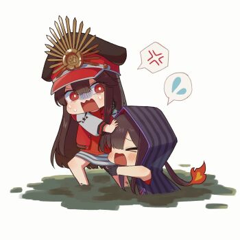 >_< 1boy 1girl anger_vein black_gloves black_hat brother_and_sister brown_hair buster_shirt center-flap_bangs chibi chibi_only closed_eyes fate/grand_order fate_(series) fiery_hair gloves hair_between_eyes hat hood hood_up hoodie horizontal-striped_skirt jacket leg_grab letterman_jacket long_sleeves low_ponytail military_hat miniskirt mud oda_nobukatsu_(fate) oda_nobukatsu_(second_ascension)_(fate) oda_nobunaga_(fate) oda_nobunaga_(swimsuit_berserker)_(fate) oda_nobunaga_(swimsuit_berserker)_(first_ascension)_(fate) official_alternate_costume open_mouth partially_submerged peaked_cap ponytail pushing_away raised_eyebrows rectangular_mouth red_eyes red_shirt shaded_face shirt siblings sidelocks simple_background skirt sleeveless sleeveless_hoodie spoken_anger_vein spoken_sweatdrop striped_clothes striped_hoodie stuck sweat sweatdrop v-shaped_eyebrows white_background yzrh0 zipper_pull_tab