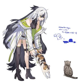 1girl ankle_boots asymmetrical_legwear black_boots black_hair black_thighhighs boots calico_(pattern) calico_cat cat cropped_shirt fate/grand_order fate_(series) full_body green_eyes green_jacket highres jacket long_hair long_sleeves multicolored_hair multicolored_jacket nagao_kagetora_(fate) off_shoulder rizu033 shorts single_thighhigh solo tabby_cat thigh_strap thighhighs two-tone_hair two-tone_jacket uesugi_kenshin_(second_ascension)_(fate) uneven_legwear very_long_hair white_background white_hair white_jacket white_shorts zipper_top
