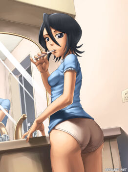 1girl black_eyes black_hair bleach blue_shirt breasts brushing_teeth commentary commission cowboy_shot dutch_angle english_commentary hair_between_eyes kuchiki_rukia looking_at_viewer looking_back mirror no_pants panties photo-referenced shirt sink small_breasts solo speh toothbrush underwear watermark web_address white_panties