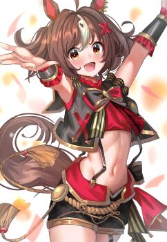 1girl ahoge ame_sagari animal_ear_piercing animal_ears black_bow black_bowtie black_jacket black_shorts blush bow bowtie breasts brown_eyes brown_hair commentary_request cropped_jacket cropped_shirt frilled_wristband gran_alegria_(smile_my_way!)_(umamusume) gran_alegria_(umamusume) hair_between_eyes hair_ornament highres horse_ears horse_girl horse_tail jacket looking_at_viewer medium_hair midriff multicolored_bow multicolored_bowtie multicolored_hair navel open_mouth red_bow red_bowtie red_shirt shirt shorts sleeveless sleeveless_jacket sleeveless_shirt small_breasts smile solo stomach suspender_shorts suspenders tail umamusume x_hair_ornament