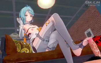1boy 1girl 3d animated artist_name audible_speech bare_shoulders blue_hair blue_nails blush breasts breasts_out brick_wall clothed_female_nude_male couch detached_sleeves erection feet fellatio footjob gloves hetero koikatsu_(medium) male_pubic_hair medium_breasts moaning multiple_views nipples nude oral orange-half-god penis pillow pubic_hair pussy seed_(zenless_zone_zero) sitting sound tagme toeless_legwear toenails toes twitter_username uncensored video zenless_zone_zero