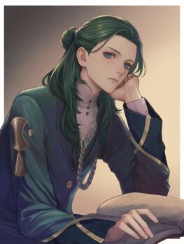 1boy blue_coat blue_eyes blue_gem closed_mouth coat commentary_request fire_emblem fire_emblem:_three_houses gem green_hair hair_bun head_rest highres linhardt_von_hevring linhardt_von_hevring_(timeskip) long_hair long_sleeves looking_at_viewer male_focus nintendo shirt solo tassel white_shirt wrainbow13