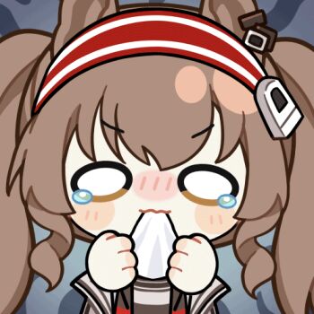 1girl angelina_(arknights) animal_ears animated animated_gif arknights black_choker blush brown_hair chinese_commentary choker chunye_haruya coat commentary_request disembodied_hand earpiece food fox_ears hair_between_eyes hairband holding holding_food infection_monitor_(arknights) jacket long_hair looking_at_viewer lowres material_growth mochi open_clothes open_coat open_jacket oripathy_lesion_(arknights) pulling red_hairband red_jacket second-party_source solid_oval_eyes solo striped_clothes striped_hairband tears twintails two-tone_hairband upper_body white_coat