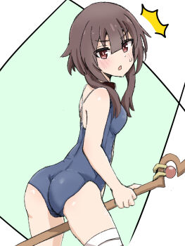 1girl arms_at_sides ass blue_one-piece_swimsuit blush breasts brown_hair chestnut_mouth dot_nose embarrassed feet_out_of_frame female_focus from_behind from_side green_background kono_subarashii_sekai_ni_shukufuku_wo! leaning_forward loli looking_at_viewer looking_back megumin microdon one-piece_swimsuit open_mouth petite red_eyes short_hair_with_long_locks sidelocks simple_background small_breasts solo staff standing surprised swimsuit turning_head two-tone_background white_background