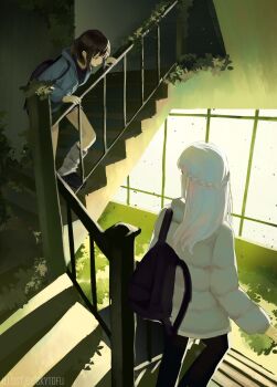 2girls abandoned absurdres backpack bag black_hair black_pants black_shoes black_shorts highres indoors jacket long_hair long_sleeves looking_at_another loose_socks multiple_girls original overgrown pants ruins scenery shadow shoes shorts skytofu socks stairs white_hair white_jacket white_socks window