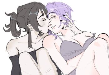 2girls bang_dream! bang_dream!_it&#039;s_mygo!!!!! bare_shoulders black_hair black_nails black_shirt breasts camisole cleavage closed_eyes commentary grey_camisole hand_in_another&#039;s_hair hand_on_another&#039;s_face hashtag-only_commentary highres kryakw medium_breasts multiple_girls off-shoulder_shirt off_shoulder parted_lips ponytail purple_hair shirt short_hair simple_background white_background yahata_umiri yuri yuutenji_nyamu