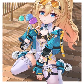 1girl aged_down aqua_gloves aqua_jacket black_bra blonde_hair blue_eyes border bra breasts chinese_commentary commentary_request dress durandal_(honkai_impact) durandal_(reign_solaris)_(honkai_impact) fingerless_gloves gloves goggles goggles_on_head henjiwumei high_ponytail highres holding holding_ice_cream_cone honkai_(series) honkai_impact_3rd ice_cream_cone jacket looking_at_viewer ponytail shoes sitting small_breasts solo tears thighhighs thighs underwear wariza white_border white_dress white_shoes white_thighhighs