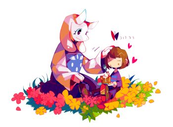 1boy 1girl =_= amakusa_(hidorozoa) androgynous boots brown_footwear brown_hair bug butterfly cake closed_eyes eating fang fang_out flower food food_on_face fork frisk_(undertale) furry goat_girl headpat heart horns insect long_sleeves plate seiza sitting smile tabard toriel transparent_background undertale utdr_(toby_fox) wide_sleeves