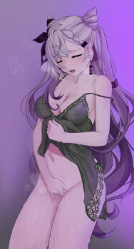 1girl alternate_costume bottomless braid braided_bangs breasts closed_eyes commentary cone_hair_bun covered_erect_nipples cross-laced_clothes double_bun female_masturbation grey_hair hair_bun hololive hololive_indonesia lifting_own_clothes long_hair masturbation medium_breasts navel open_mouth pussy_juice see-through_clothes simple_background solo strap_slip sweat symbol-only_commentary thanabis vestia_zeta virtual_youtuber