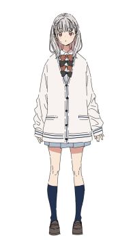 1girl black_bow black_bowtie black_socks blue_skirt blush bow bowtie brown_bow brown_bowtie brown_eyes brown_shoes cardigan collared_shirt commentary full_body grey_hair highres imigimuru long_sleeves looking_at_viewer make_heroine_ga_oo_sugiru! medium_hair official_art pleated_skirt school_uniform shiratama_riko shirt shoes simple_background skirt socks solo sweater symbol-only_commentary tsuwabuki_high_school_uniform white_background white_shirt