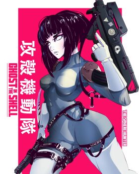 1girl abs arm_blade belt blunt_bangs bob_cut bodysuit boots breasts bullpup commentary commission commissioner_upload cosplay czn-m22 elbow_gloves english_commentary female_focus ghost_in_the_shell gloves gun handgun highres holding holding_gun holding_weapon holster holstered knife laughing_man_(gits) limited_palette medium_breasts o-ring pale_skin pistol real_life second-party_source short_hair shoulder_pads skin_tight solo submachine_gun sue_lightning suzi_(the_sphere_hunter) thigh_boots thigh_holster thighhighs trigger_discipline volta_bass weapon white_boots white_gloves