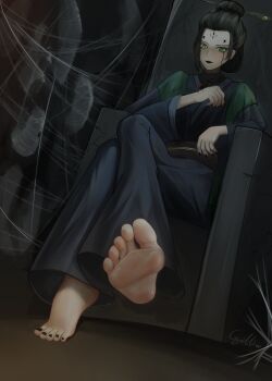 Rule 34 | 1girl, absurdres, barefoot, black hair, black lips, black myth: wukong, bug, chinese clothes, crossed legs, cyrilliar, feet, fourth sister (black myth: wukong), green eyes, hair bun, highres, long hair, looking at viewer, silk, soles, spider, spider web, throne, toes