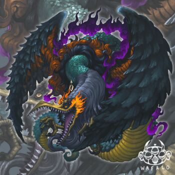 1boy absurdres alternate_form artist_logo bird colored_sclera fire green_scales hagoromo highres itsumade_(youkai) logo male_focus mane marcus_mars monster one_piece open_mouth red_eyes sharp_teeth shawl snake_tail solo tail talons teeth wafalo yellow_sclera zoom_layer