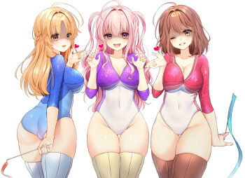 3girls :d blonde_hair blue_leotard breasts brown_eyes brown_hair brown_thighhighs cleavage closed_mouth girlfriend_(kari) gymnastics heart heart-shaped_pupils kagami_matsuri kanbesan160 large_breasts leotard long_hair multicolored_leotard multiple_girls one_eye_closed open_mouth pink_hair pink_leotard purple_leotard red_eyes rhythmic_gymnastics ribbon ribbon_baton sasahara_nonoka shiina_kokomi short_hair smile symbol-shaped_pupils thighhighs two-sided_fabric white_background white_leotard white_thighhighs yandere yellow_thighhighs