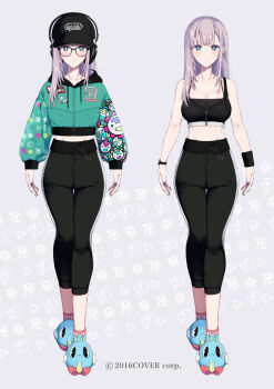 1girl aqua_eyes aqua_jacket baseball_cap black_hat black_pants black_skirt breasts bright_pupils cleavage clothes_on_and_off commentary_request cropped_jacket full_body glasses grey_hair hat headphones highres hololive hololive_indonesia hood hooded_jacket jacket large_breasts long_hair long_sleeves midriff official_alternate_costume official_alternate_hairstyle official_art pants pavolia_reine pavolia_reine_(6th_costume) pochi_(pochi-goya) print_jacket puffy_long_sleeves puffy_sleeves skirt slippers socks sweatband thigh_gap variations virtual_youtuber watch white_pupils wristwatch yoga_pants
