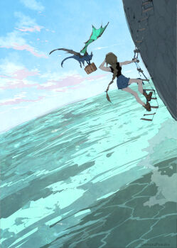 Rule 34 | 1girl, black shirt, blue shorts, blue sky, boots, briefcase, brown boots, climbing ladder, cloud, cloudy sky, creature, day, demizu posuka, grey hair, highres, holding, holding briefcase, ladder, long braid, long hair, ocean, original, outdoors, shirt, shorts, sky, water
