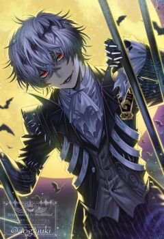 1boy aogiyuki black_crown commentary_request crown diamond_hairband formal_clothes full_body highres looking_at_viewer male_focus moon pinstripe_pattern pinstripe_suit pinstripe_vest short_hair skeleton_print skully_j._graves smile solo striped_clothes striped_vest suit the_nightmare_before_christmas twisted_wonderland vertical-striped_clothes vertical-striped_vest vest white_hair