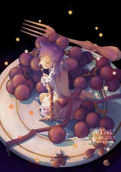 1girl arm_ribbon asymmetrical_hair ayoshide05 back_bow backless_dress backless_outfit bare_back bare_legs barefoot black_background blush bow brown_bow brown_ribbon candy character_name commentary d.gray-man dress dried_flower english_text flower food fork frilled_dress frilled_sleeves frills from_behind fruit grapes highres holding holding_candy holding_food holding_lollipop lollipop long_ribbon looking_to_the_side mini_person minigirl parted_bangs plate purple_hair purple_nails ribbon road_kamelot short_dress short_hair short_sleeves sidelocks sitting solo spiked_hair star_(symbol) white_dress yellow_eyes yellow_flower
