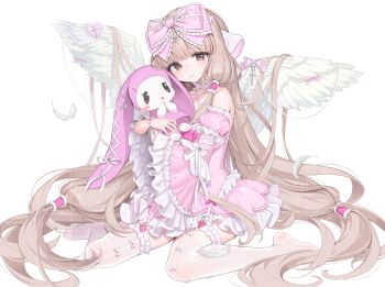Rule 34 | 1girl, absurdres, android, angel wings, atashi (chobits), bare shoulders, blonde hair, blush, bow, chii, chobits, detached sleeves, dress, feathered wings, frills, hair bow, hair spread out, hair tubes, highres, lolita fashion, long hair, long sleeves, looking at viewer, mika 030, persocom (chobits), pink bow, pink dress, ribbon, robot ears, simple background, sitting, thighhighs, very long hair, white background, white wings, wings