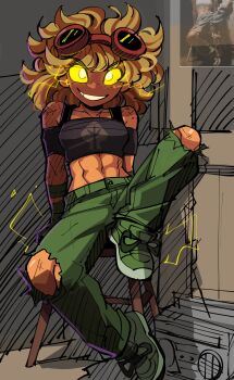 1girl abs absurdres bare_shoulders black_shirt blonde_hair boombox dark-skinned_female dark_skin freckles full_body glowing glowing_eyes goggles goggles_on_head green_pants green_shoes grin highres knee_up looking_at_viewer navel pants peargor photo-referenced photo_inset plants_vs._zombies plants_vs._zombies_heroes red_goggles reference_inset shirt shoes sitting smile solar_flare_(plants_vs._zombies) solar_flare_(plants_vs._zombies)_(peargor) solo tomboy toned toned_female torn_clothes torn_pants yellow_eyes