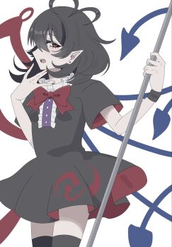 ahoge amami_idora88 asymmetrical_wings black_dress black_hair bow commentary_request dress earrings highres houjuu_nue jewelry long_hair pointy_ears polearm red_bow red_eyes sharp_teeth single_earring teeth tomoe_(symbol) touhou weapon wings