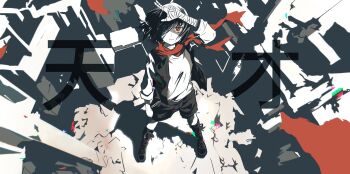 1girl absurdres bandaged_arm bandages boots expressionless hair_over_one_eye highres lace-up_boots looking_at_viewer medium_hair original red_eyes red_scarf ruins salute scarf solo standing two-finger_salute zaijian_l