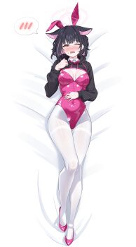 1girl absurdres animal_ears bed_sheet black_hair blue_archive blush breasts breasts_apart cawl commentary covered_navel dakimakura_(medium) english_commentary fake_animal_ears full_body halo hand_up highres kazusa_(blue_archive) large_breasts leotard long_sleeves looking_at_viewer lying medium_hair multicolored_hair on_back one_eye_closed open_mouth pantyhose pink_hair pink_halo pink_leotard pink_shoes playboy_bunny rabbit_ears red_eyes shoes small_sweatdrop solo spoken_blush strapless strapless_leotard white_pantyhose