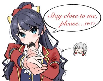 2girls 5th_live_tour_~4pair_power_spread!!!!~ arrow_(symbol) black_hair blue_vest blush blush_stickers bow chibi chibi_inset closed_mouth collared_shirt commentary_request diagonal_bangs dress_shirt grey_hair hair_bow highres jacket link!_like!_love_live! llkapital long_sleeves looking_at_viewer love_live! multiple_girls murano_sayaka open_clothes open_jacket open_mouth parted_lips ponytail red_bow red_jacket red_streaks shirt smile solo_focus taiyou_de_are! upper_body vest virtual_youtuber white_shirt yugiri_tsuzuri