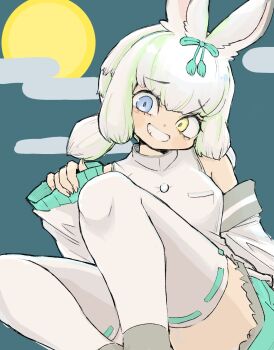 1girl animal_ears bare_shoulders blue_bow blue_eyes blue_skirt bow detached_sleeves frilled_skirt frilled_sleeves frills hair_between_eyes hair_bow heterochromia highres kemono_friends looking_at_viewer mandarin_collar moon nenkou-san pleated_skirt rabbit_ears rabbit_girl shirt short_hair short_twintails sidelocks skirt smile solo thighhighs tsukuyomi_shinshi_(kemono_friends) twintails white_shirt white_sleeves white_thighhighs yellow_eyes zettai_ryouiki