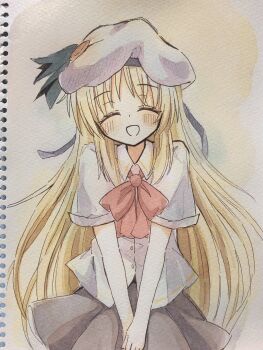 Rule 34 | 1girl, :d, ^ ^, beret, black ribbon, blonde hair, blush, bow, bowtie, closed eyes, collared shirt, commentary request, dress shirt, facing viewer, grey skirt, hair between eyes, happy, hat, hat ribbon, highres, little busters!, long hair, miniskirt, noumi kudryavka, open mouth, painting (medium), pink bow, pink bowtie, pleated skirt, ribbon, shirt, short sleeves, sidelocks, skirt, smile, solo, straight hair, traditional media, v arms, very long hair, watercolor (medium), white hat, white shirt, zeppachi