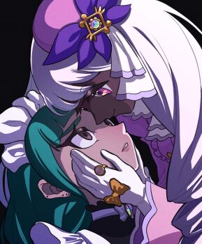 2girls black_hair brown_hair dark-skinned_female dark_skin eye_contact gloves green_hair hair_ornament highres jacinthe_(pokemon) jewelry lebanne_(pokemon) looking_at_another maid_headdress multiple_girls nintendo oka_kabe pokemon pokemon_legends:_z-a purple_eyes purple_hair ring simple_background very_dark_skin white_gloves yuri