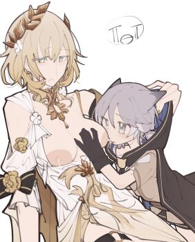 2girls absurdres age_difference aged_down aglaea_(honkai:_star_rail) ancient_greek_clothes animal_ears bare_shoulders blonde_hair blue_eyes blush breasts breasts_out cat_ears cat_girl cipher_(honkai:_star_rail) cipher_(in_pursuit_of_the_wind)_(honkai:_star_rail) cloak earrings flower gloves gold gold_earrings gold_nails gold_trim grabbing_another's_breast greco-roman_clothes green_eyes grey_hair groping hair_flower hair_ornament highres honkai:_star_rail honkai_(series) hood hooded_cloak jewelry lactation large_areolae laurel_crown laurels licking licking_nipple loli medium_breasts milk multiple_girls nail_polish nipple_stimulation nipples onee-loli sapo_(bananilsonfarofa) short_hair thigh_strap tongue tongue_out tunic yuri