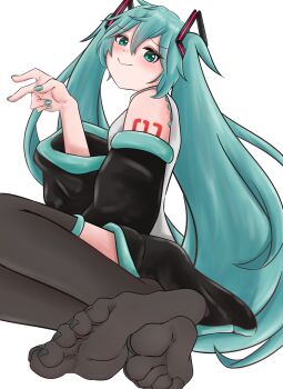 1girl blue_eyes blue_hair blush feet hatsune_miku highres long_hair looking_at_viewer see-through_clothes see-through_legwear sei03091 smile soles thighhighs toes twintails v vocaloid