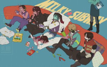 000gogo51 3boys 4girls antennae bag_of_chips blonde_hair brown_hair candy chips_(food) coat colored_skin controller copyright_name crossed_arms cyborg daidouji_akane drink_pouch food game_controller holding holding_controller iwao_kanata kanzaki_ryouko kujo_chiharu kurt_cramer kurusu_makina_(milky_galactic_universe) lollipop long_hair max_mccalister milky_galactic_universe milky_subway multiple_boys multiple_girls no_mouth pencil_skirt pillow pocky pointy_ears police police_uniform policewoman potato_chips red_skin shoes sitting skirt snack sneakers twintails vest windbreaker yellow_eyes