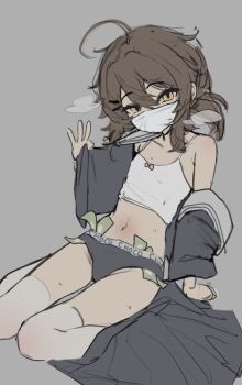1girl ahoge arm_support brown_hair camisole chocpocalypse flat_chest grey_background hair_ornament hairclip mask messy_hair money mouth_mask navel original panties simple_background sitting sketch thighhighs underwear unfinished wariza white_camisole white_thighhighs yellow_eyes